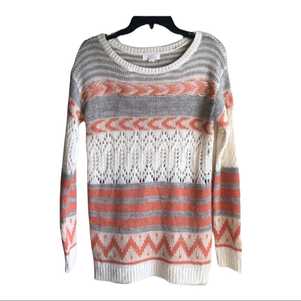 Sun & shadow knit woven sweater size small peach/cream/gray